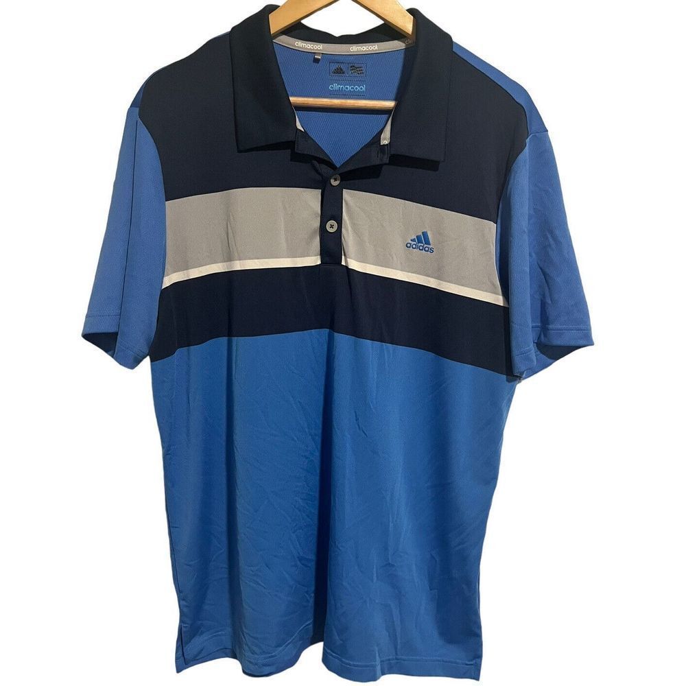 Adidas Golf  Mens Polo ClimaCool Shirt Large Blue Gray Striped Short Sleeve